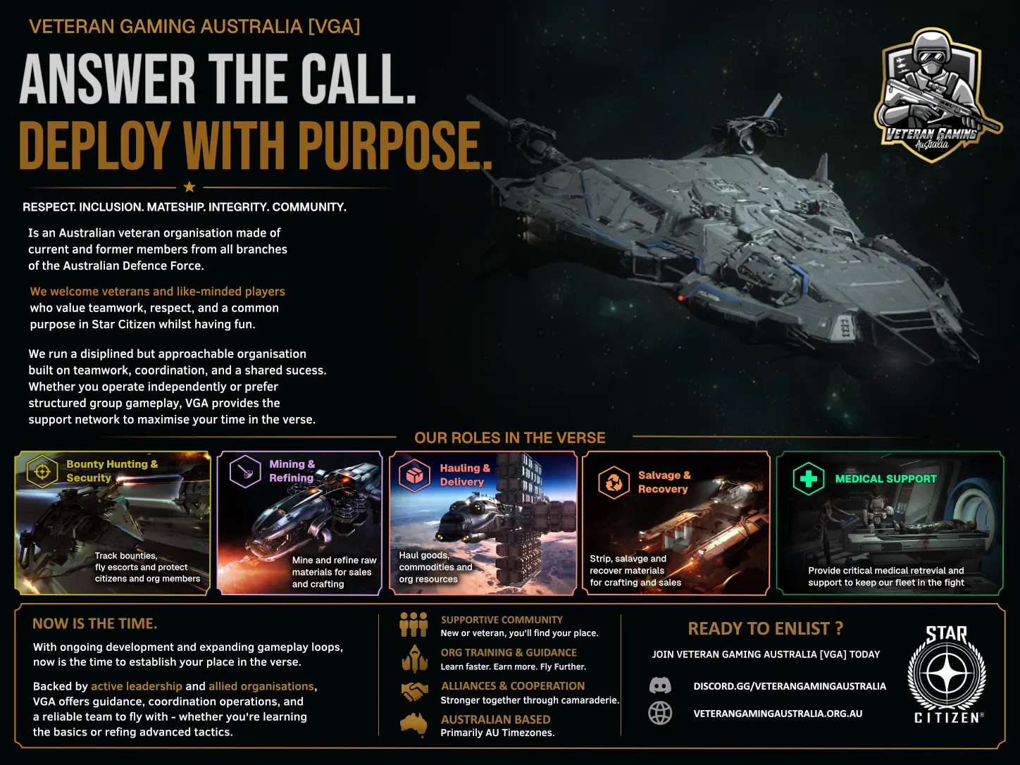 Veteran Gaming Australia — Answer The Call. Deploy With Purpose. Star Citizen org recruitment banner showing org roles, values and community information.