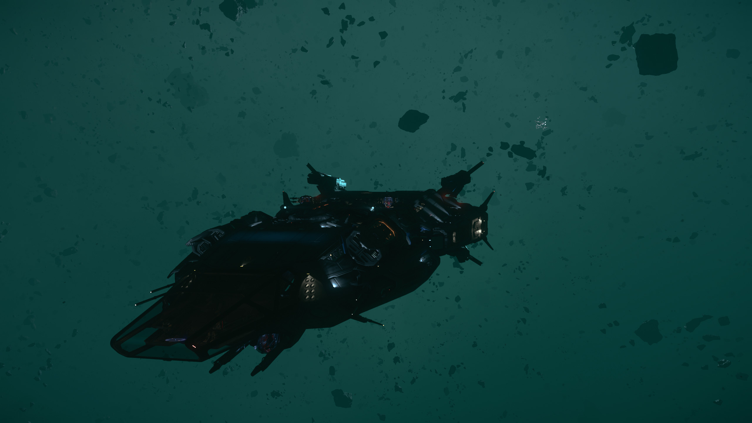A screentshote of a spaceship in space from the game star citizen