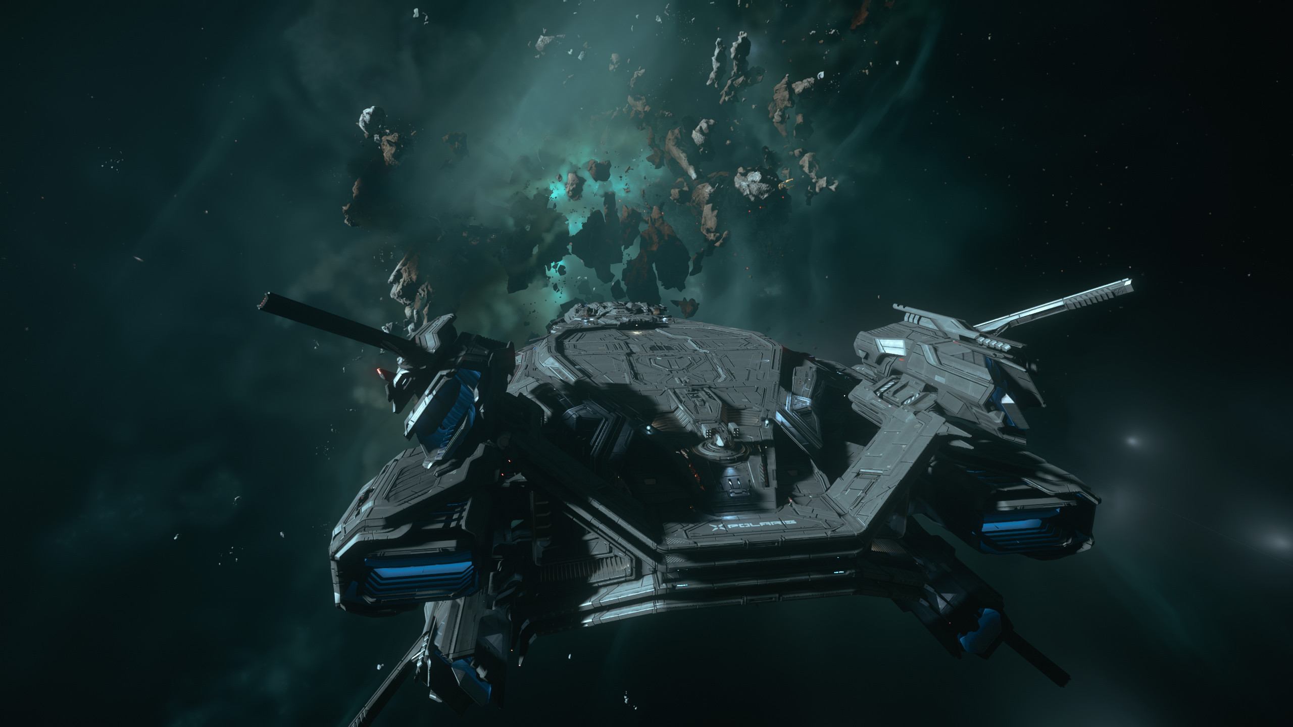 A space ship approaching asteroids